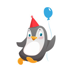 Cute Penguin Greeting with Birthday in Hat with Blue Balloon Vector Illustration
