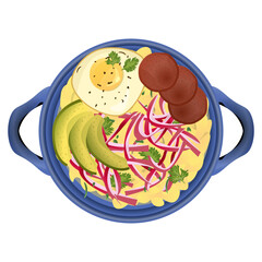 Mangu. Green plantains mashed with fried egg and avocado. Delicious traditional Dominican food. Top view. Latin American food. Colorful vector illustration isolated on white background. © Anna