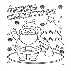 The night before Christmas, Santa Claus with a big bag of Christmas presents in his sleigh with reindeers beginning a magic journey around the world, black and white outline vector cartoon