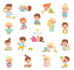 Adorable Babies Playing With Their Toys in the Playroom Vector Set