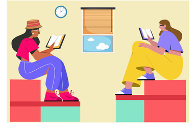 Two young girls reading books in her study room. Vector illustration.