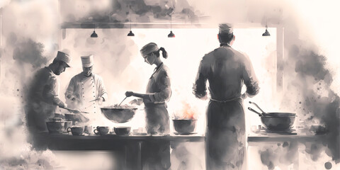 chefs prepare dishes in the kitchen of the restaurant, abstract blurred silhouettes of cooks, generative ai grey background