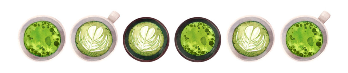 Watercolor realistic cartoon cup of hot aromatic green Japanese tea matcha latte drink set. A teacup top view isolated on white background. Hand drawn illustration for web design, menu, app, advert.