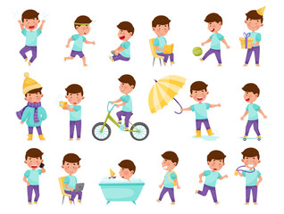 Little Boy Enjoying Different Daily Activity Big Vector Set