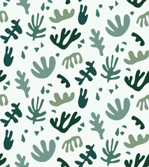Fototapeta na wymiar Seamless plant pattern, Matisse inspired, minimalist and modern. Green tones, leaves. Ideal for textile printing, object decoration or digital use. Vector illustration.