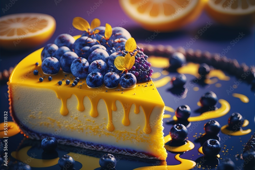 Poster a slice of cake with blueberries and lemons on it and a slice of orange on the side., generative ai