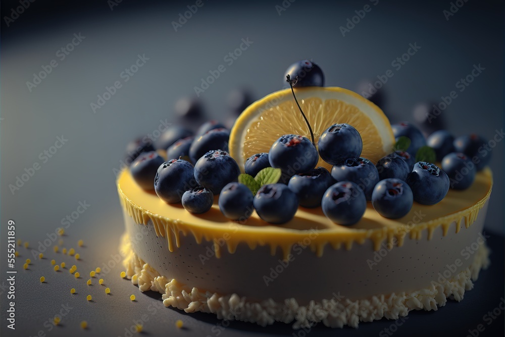 Poster a cake with blueberries and lemon slices on top of it., generative ai