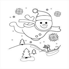 Coloring page of a cute cartoon snowman with Christmas tree. Vector black and white illustration on white background. 