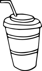 Hand-drawn icon of a drink in a glass with a straw. Vector illustration, doodle style.
