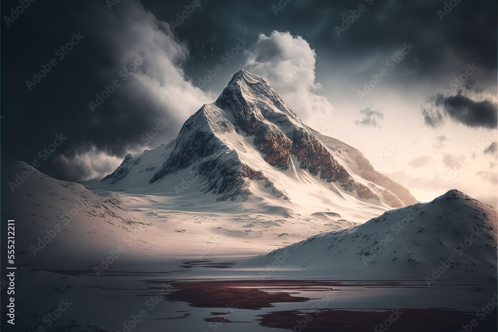 Poster a mountain with a snow covered top and a lake below it under a cloudy sky with clouds and a red subs