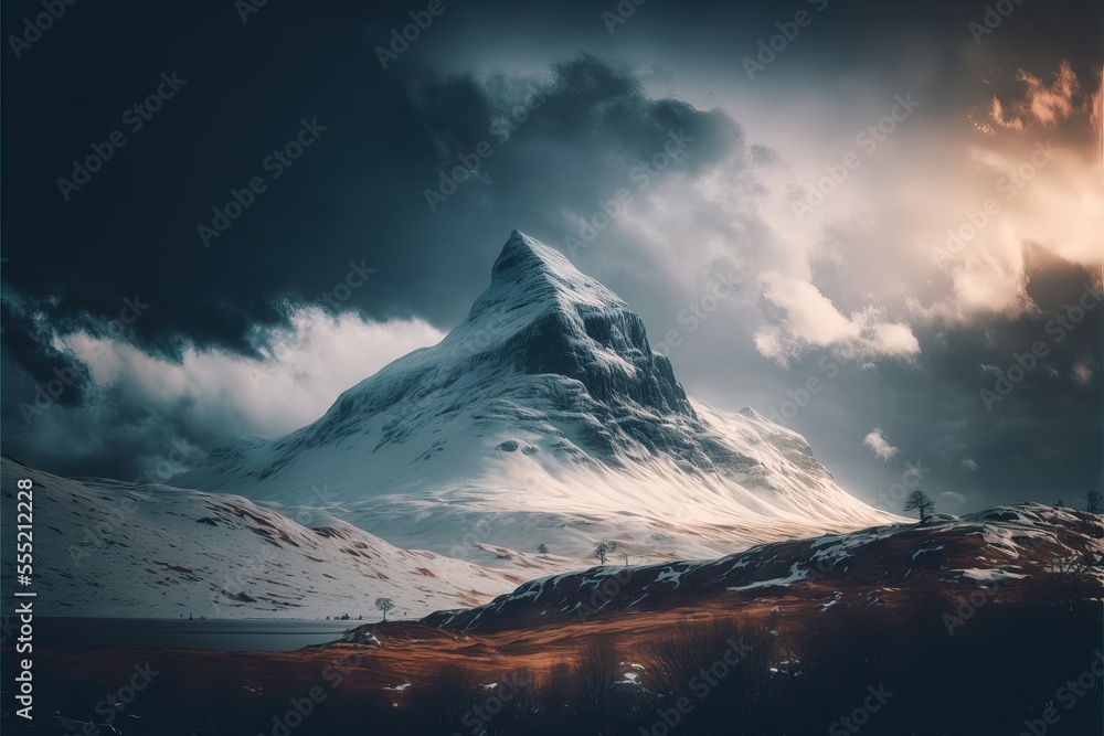 Poster  a mountain with a snow covered peak under a cloudy sky with clouds above it and a sunbeam in the foreground., generative ai