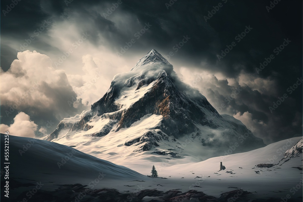 Poster a mountain with a snow covered top under a cloudy sky with a person standing in the foreground and a