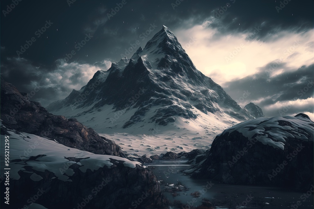 Poster a mountain with a river in the middle of it and a sky filled with clouds above it and a few snow cov