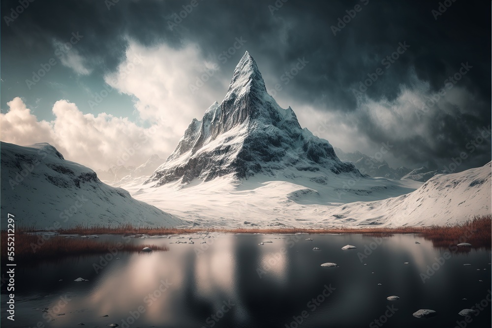 Poster a mountain with a lake in front of it and a cloudy sky above it., generative ai