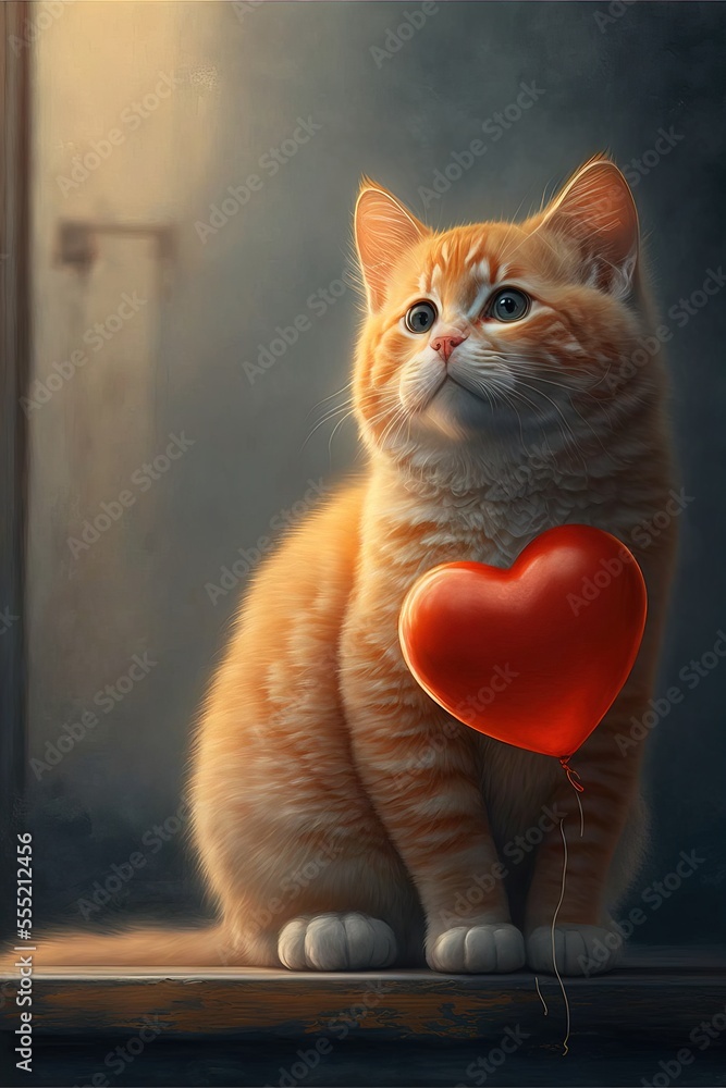 Poster a cat with a heart shaped balloon sitting on a window sill looking out the window at the outside., g