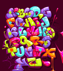 Cartoon kids alphabet in graffiti colorful splash paint style 