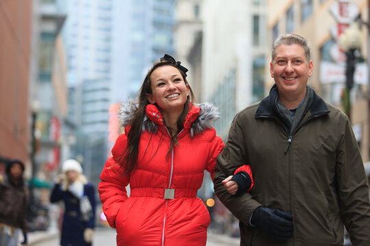 Couple Walking On Washington Street, Boston, Suffolk County, Massachusetts, USA