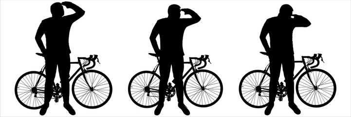 A young man with a bicycle examines everything around him, rotates his head to the sides, and holds his hand near his head. Bicycle: Side view. Man: front view, full face. Silhouette isolated on white