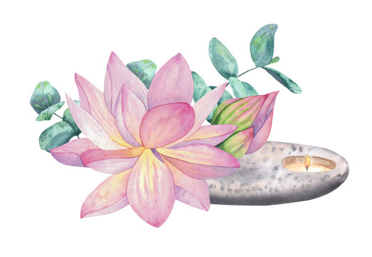 Composition with lotus flowers, eucalyptus and candle.