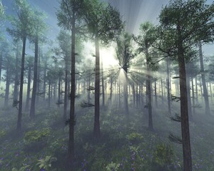Very beautiful sunset in the forest, Pine forest in the rays of the rising sun, park at sunset, 3d rendering