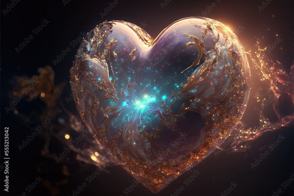 Poster a heart shaped object with a blue light inside of it and a gold and blue pattern on the inside., gen