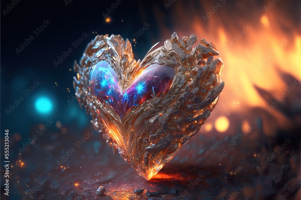 Poster a heart shaped object with a blue and red light inside of it on a dark background with a firework ef