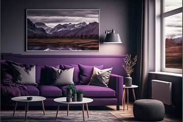 Purple room with sofa. Living room interior. Scandinavian interior. Generative AI