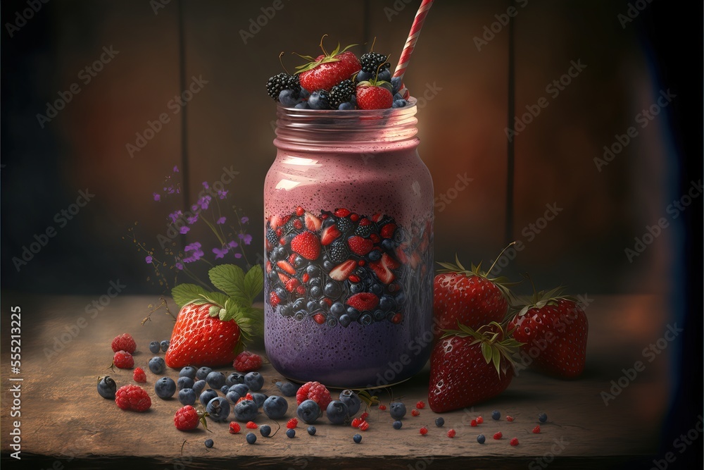 Poster a jar of fruit and berries with a straw in it and a straw in the jar with berries on it., generative