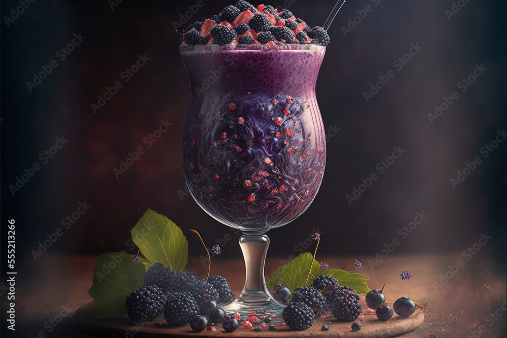 Poster a glass of fruit and berries on a table with leaves and berries on the table and a straw in the glas