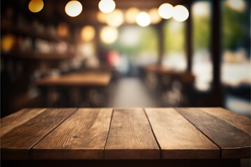 Selected focus empty brown wooden table and Coffee shop or restaurant blur background with bokeh image. for your photo montage or product display. Generative AI