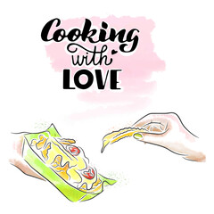 Eat fried potatoes with tomatoes with both hands, lettering, street food