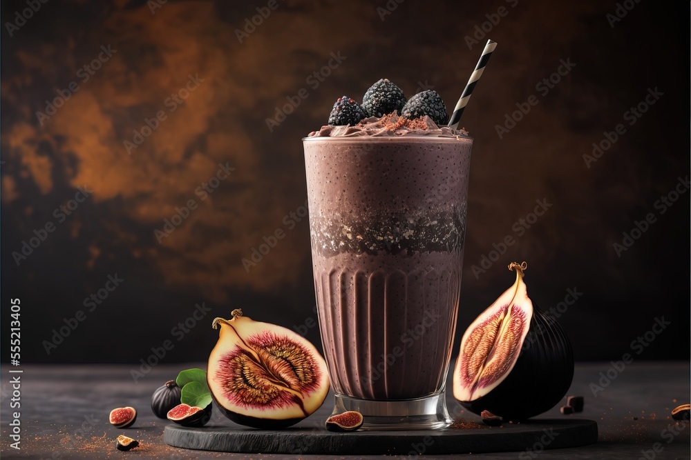 Poster a smoothie with a chocolate topping and a fruit on the side., generative ai