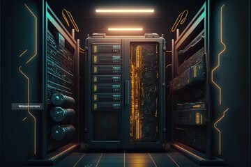 Server room data center. Backup, mining, hosting, mainframe, farm and computer rack with storage information. Generative AI