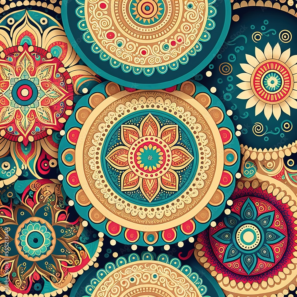 Poster a colorful background with many different colored flowers and circles on it., generative ai