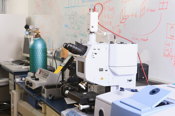 University chemistry laboratory with x-ray fluorescence analyzers and compressed gas cylinder