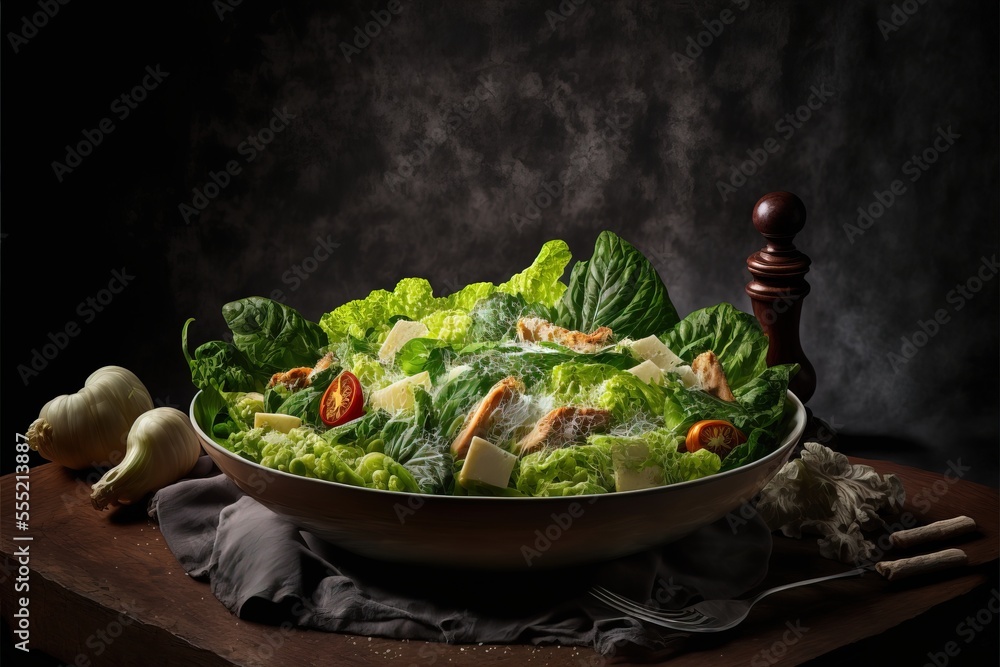Poster a bowl of lettuce and tomatoes on a table with a knife and fork next to it and a garlic., generative