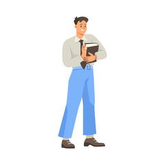 Cheerful Man Office Worker Carrying Folder and Smiling Vector Illustration