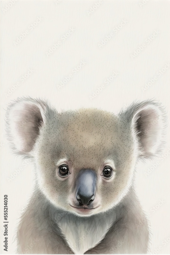 Poster a drawing of a koala with a white background and a black nose and head., generative ai