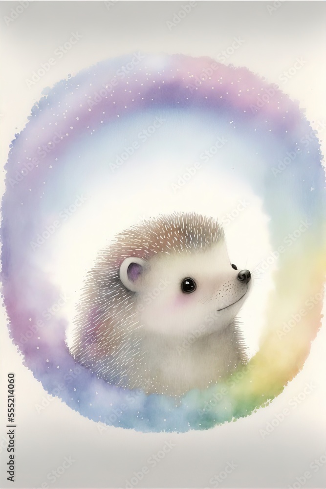 Poster a hedgehog is sitting in a circle with a rainbow in the background and a white background with a blu