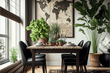 Stylish and botany interior of dining room with design craft wooden table, chairs, plants, big window, poster map and elegant accessories in modern home decor. Generative AI