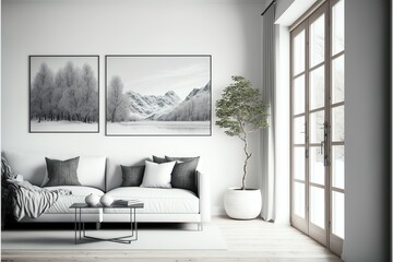 White minimalist living room interior with sofa on a wooden floor, pictures on a large wall, white landscape in window. Home nordic interior. Generative AI