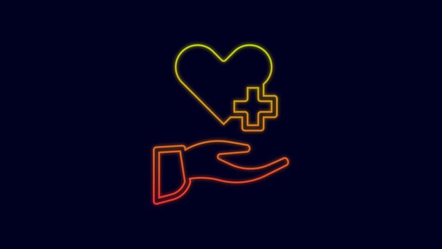 Glowing neon line Heart with a cross icon isolated on blue background. First aid. Healthcare, medical and pharmacy sign. 4K Video motion graphic animation