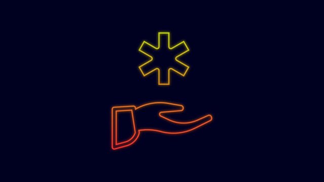 Glowing neon line Cross hospital medical icon isolated on blue background. First aid. Diagnostics symbol. Medicine and pharmacy sign. 4K Video motion graphic animation