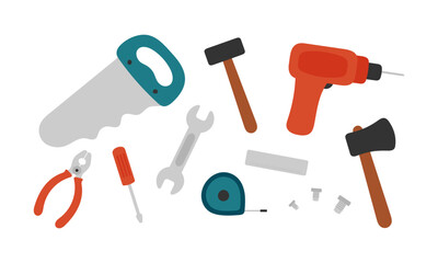 Set with tools. Drill, hammer, axe, screw, screwdriver, tape measure, ruler, saw, wrench and pliers. Vector illustration.
