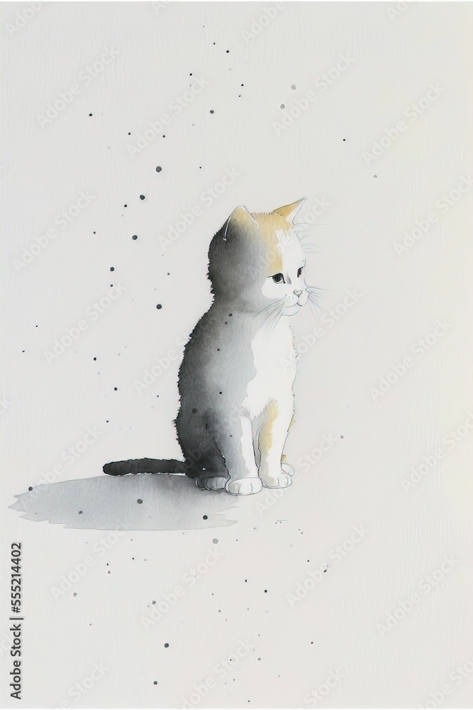 Poster a cat sitting on the ground in the snow looking at something in the distance with a white background
