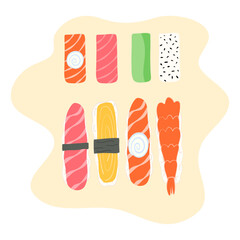 Japanese nigiri sushi vector set. Different types of sushi with salmon tuna egg shrimp Asian food.