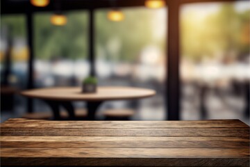 Fototapeta na wymiar Wooden board empty Table Top And Blur Interior. Generative AI