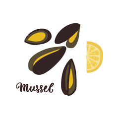 Moluski, mussels cute vector illustration with lemon citrus. seafood asian latinamerican dinner.