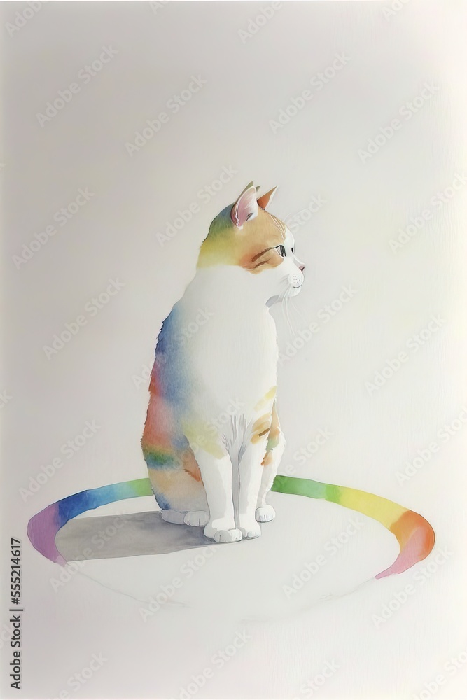 Poster a cat sitting on a rainbow colored circle with a white background and a white background with a rain