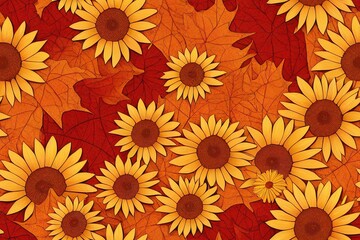 Fototapeta na wymiar Sunflowers on an orange backdrop form a seamless autumnal design that may be used for a variety of purposes, including a Thanksgiving website background or gift wrap. Generative AI